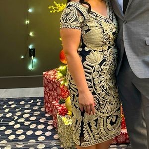 ✨JS Collection navy blue gold metallic lace stretch dress✨